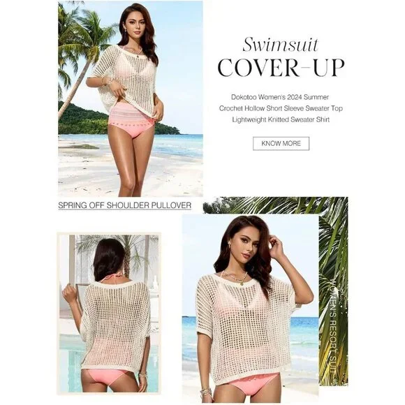 Womens Summer Crochet Coverup Knit Top Short Sleeve Beachwear Casual Lightweight - Picture 5 of 5